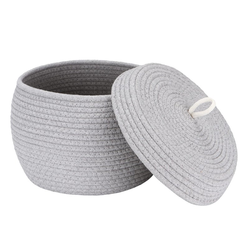 Sea Team Round Cotton Rope Storage Basket with Lid  Decorative Woven Storage Bin  Pot  Caddy  Organizer  Container for Snacks  Towels  Plants  10 x 7.5 Inches (Small  Grey) - Image 1